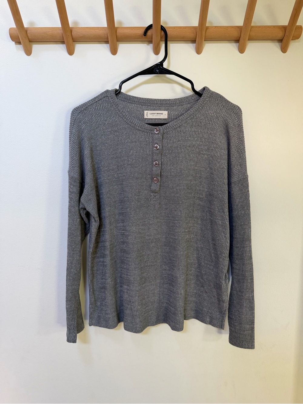 Lucky Brand Gray Ribbed Henley Top with Button Placket